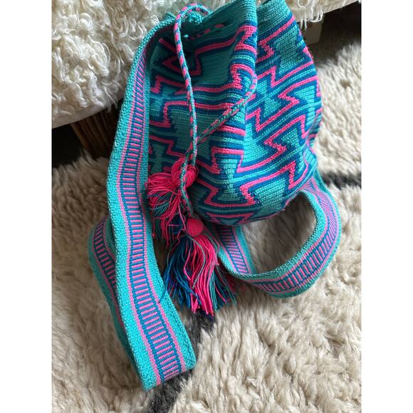 Authentic 100% Wayuu Mochila Colombian Bag cotton candy bohemian blue pink neon - Picture 6 of 16